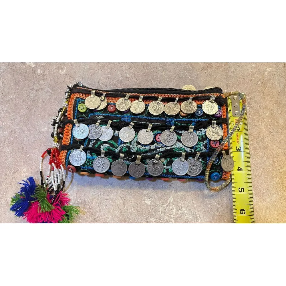 Pakistan 48 Paisa Coin Decorated Purse With Beads Embroidery 1969-1981 Dated - Picture 9 of 16